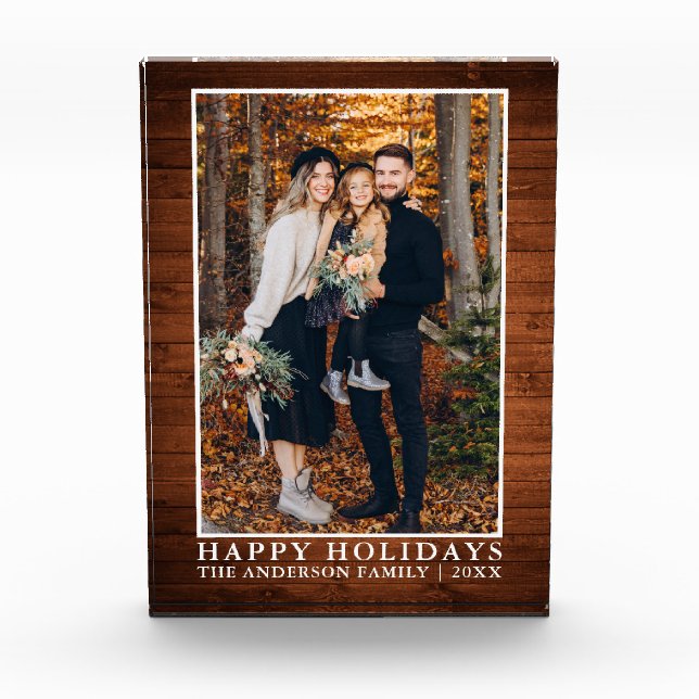 Rustikales Holz Print Happy Holidays Foto Block (Vorderseite)