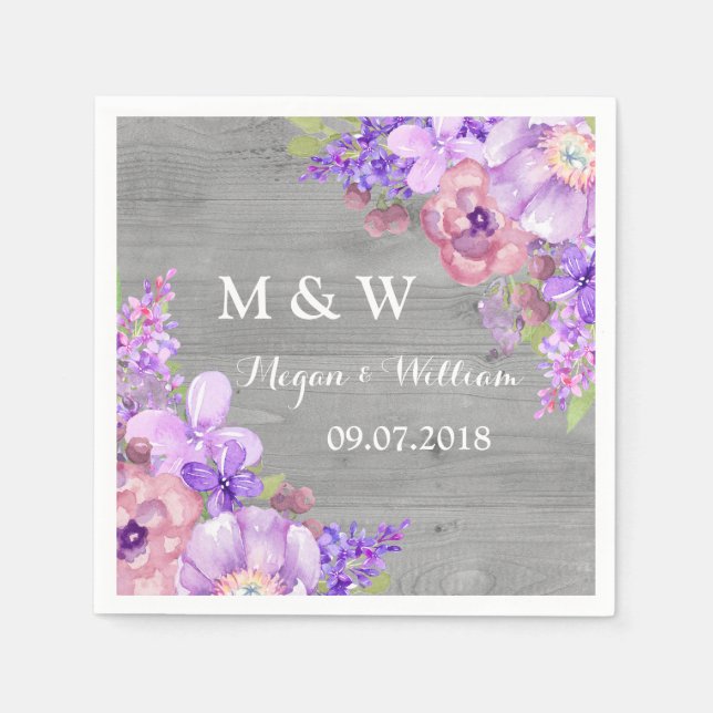 Rustikales Holz Purple Flowers Wedding Monogram Serviette (Vorderseite)