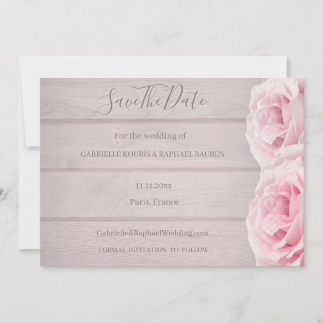 Rustikales Holz Real Pink Roses Save the Date Hoch Einladung (Vorderseite)
