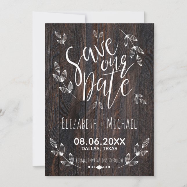 Rustikales Holz Rettete unser Datum Weiße Typograf Save The Date (Vorderseite)