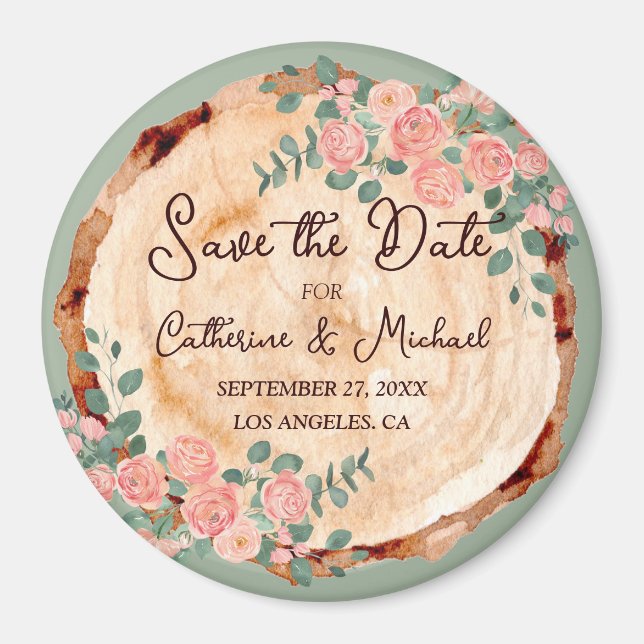 Rustikales Holz Rings Wasserfarbe Rosen Grün Magnet (Vorne)