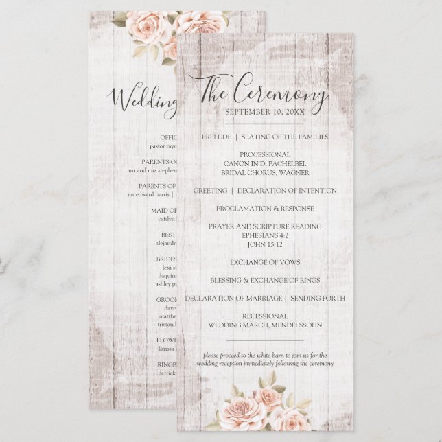 Rustikales Holz & romantische Rose Shabby Wedding Programm (Vorne/Hinten)