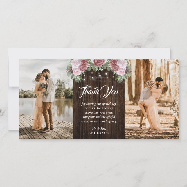 Rustikales Holz Rosa Blütenrosa Blumenzwiebeln 2 F Dankeskarte (Vorderseite)