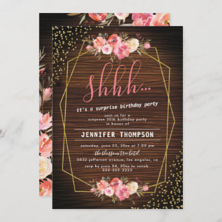Rustikales Holz Rosa Flora Überraschung Geburtstag Einladung