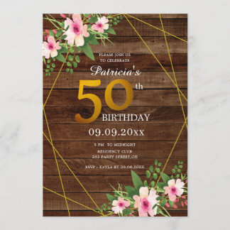Rustikales Holz Rosa Floral Gold Glitzer 50. Gebur Einladung