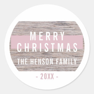 Rustikales Holz Rosa Frohe Weihnachtsfamilie Runder Aufkleber