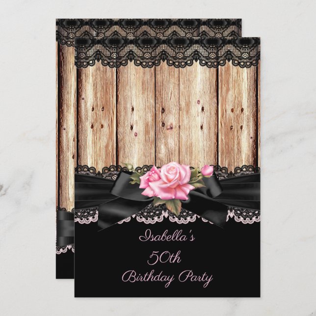 Rustikales Holz rosa Rosa Black Lace Bogen 50. Geb Einladung (Vorne/Hinten)