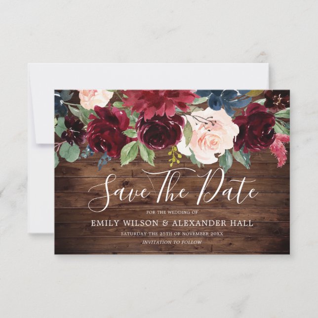 Rustikales Holz Roter Wein Burgund Blume Hochzeit Save The Date (Vorderseite)