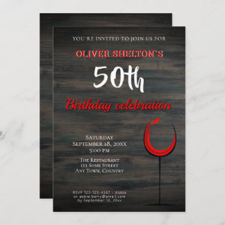 Rustikales Holz Roter Wein Glas 50. Geburtstagspar Einladung