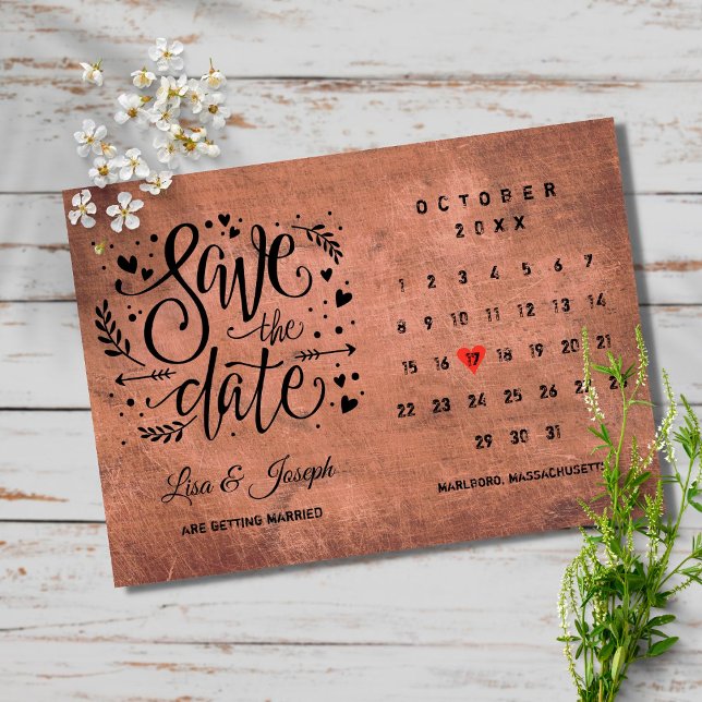 Rustikales Holz Save the Date Kalender Rotes Herz Einladung (Von Creator hochgeladen)