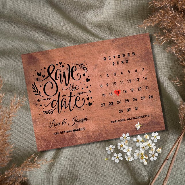 Rustikales Holz Save the Date Kalender Rotes Herz Postkarte (Von Creator hochgeladen)