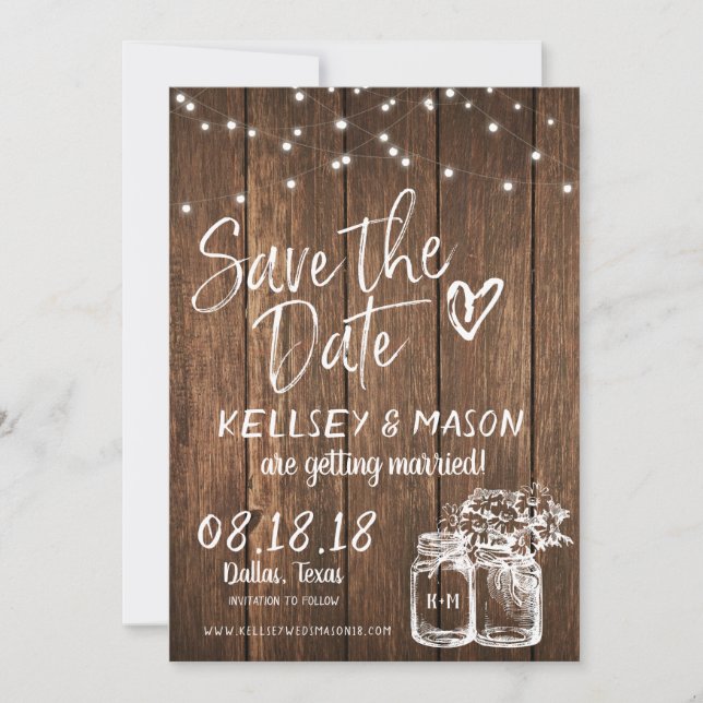 Rustikales Holz Save the Date mit Mason Jars & Lig Einladung (Vorderseite)