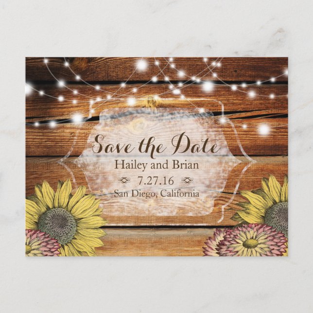 Rustikales Holz Save the Date Postkarte mit Sonnen (Vorderseite)