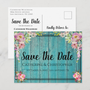 Rustikales Holz Save the Date rosa Blumenverkündun Postkarte
