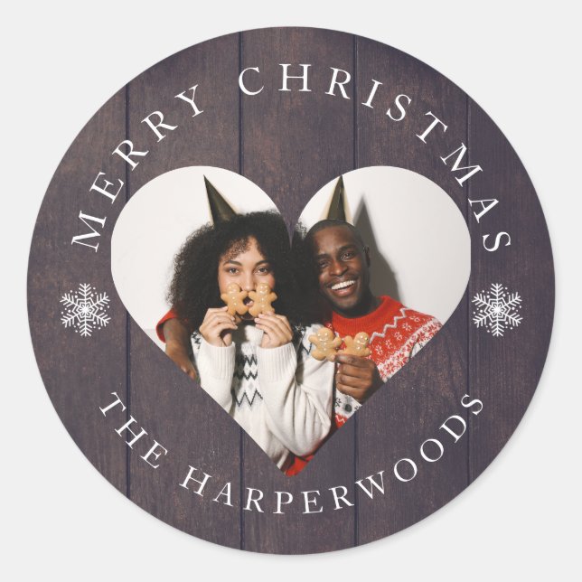 Rustikales Holz Schneeflocken Weihnachten 1 Foto Runder Aufkleber (Vorderseite)