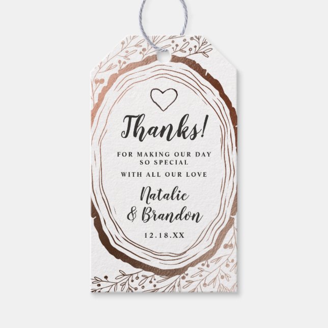 Rustikales Holz Slice Kupfer Foil Hochzeit Vielen  Geschenkanhänger (Vorderseite)