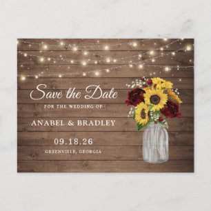 Rustikales Holz Sonnenblumen Burgund Save the Date Ankündigungspostkarte