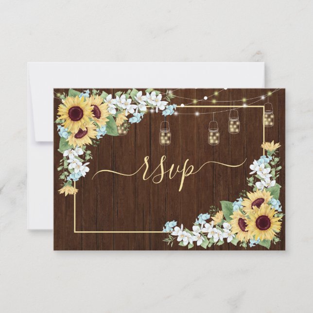 Rustikales Holz Sonnenblumen Dusty Blue Floral RSVP Karte (Vorderseite)