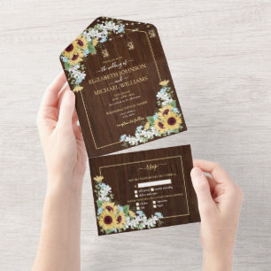Rustikales Holz Sonnenblumen Dusty Blue Floral Wed All In One Einladung