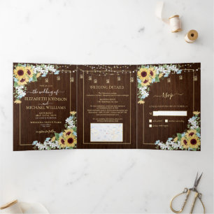 Rustikales Holz Sonnenblumen Dusty Blue Floral Wed Dreifach Gefaltete Einladung