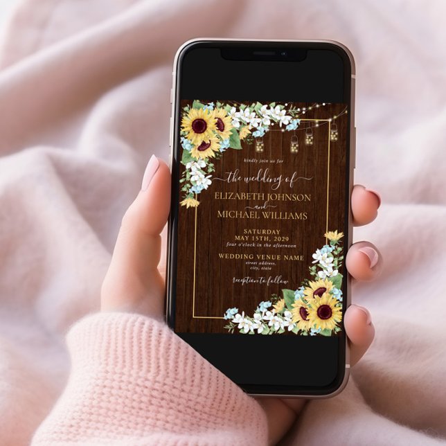 Rustikales Holz Sonnenblumen Dusty Blue Foto Hochz Einladung (Von Creator hochgeladen)