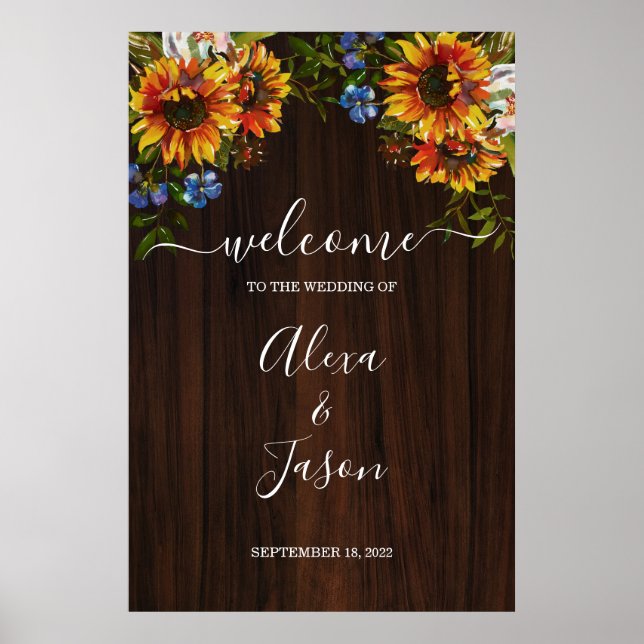 Rustikales Holz Sonnenblumen Land Hochzeit Willkom Poster (Vorne)