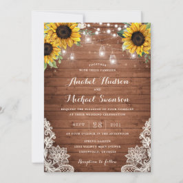 Rustikales Holz Sonnenblumen Lichter Lace Mason Ja Einladung