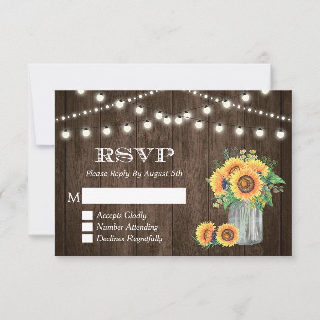 Rustikales Holz Sonnenblumen String Lights Wedding RSVP Karte (Vorderseite)