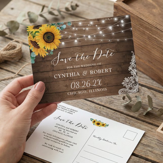 Rustikales Holz Sonnenblumenleuchten Save the Date Postkarte (Von Creator hochgeladen)