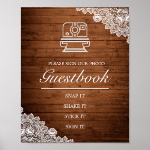 Rustikales Holz & Spitze Foto-Gästebuch-Hochzeitss Poster