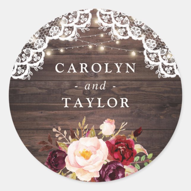 Rustikales Holz Spitzen Burgund Siegel Sticker (Vorderseite)