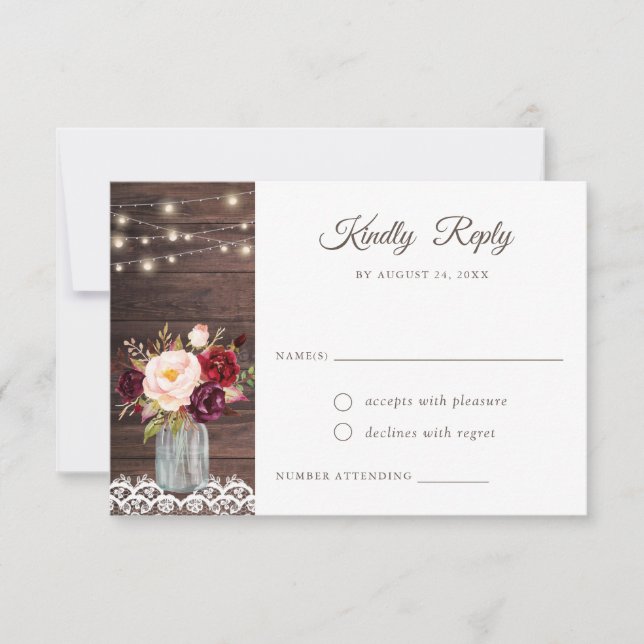 Rustikales Holz Spitzen Burgundy Mason Jar UAWG Einladung (Vorderseite)