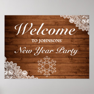 Rustikales Holz & Spitzen Schneeflocke Neujahr Beg Poster