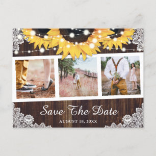 Rustikales Holz Spitzen Sonnenblumen Foto Save the Ankündigungspostkarte