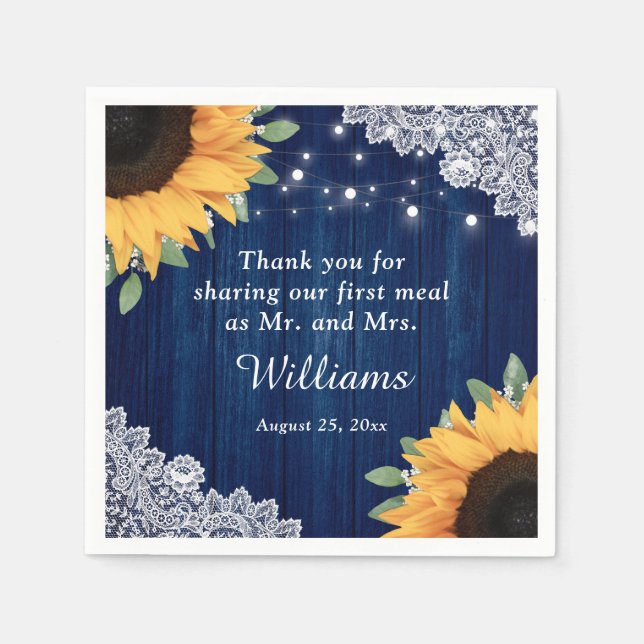 Rustikales Holz Spitzen Sonnenblumen Navy Blue Wed Serviette (Vorderseite)