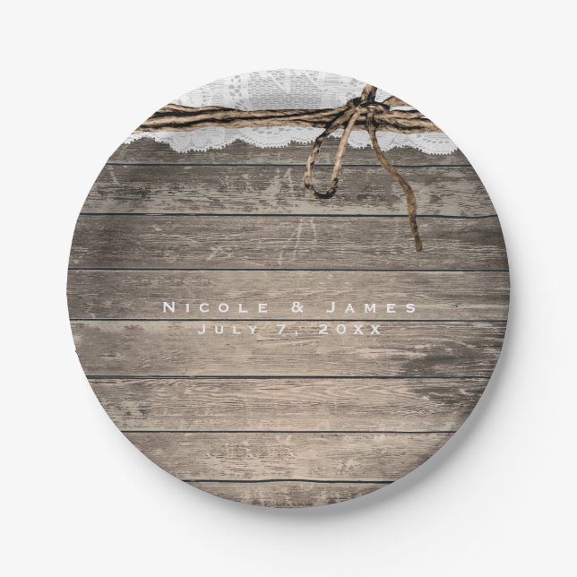Rustikales Holz-Spitzen-Twine Romantische Hochzeit Pappteller (Vorderseite)