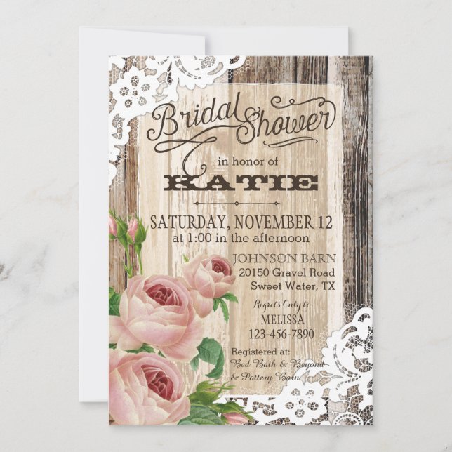 Rustikales Holz Spitzen und Rose Brautparty Einladung (Vorderseite)
