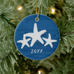 Rustikales Holz Starfish Türkisches Meer Blau Keramik Ornament