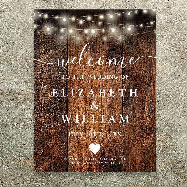 Rustikales Holz-Streichellicht Begrüßungszeichen Poster (Rustic Wood String Lights Wedding Welcome Sign)