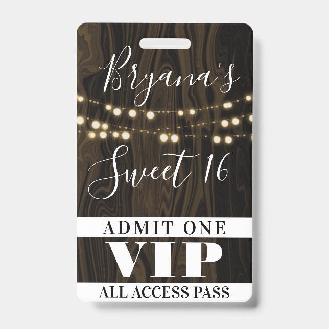 Rustikales Holz Streichellicht Sweet 16 VIP Pass Ausweis (Vorderseite)