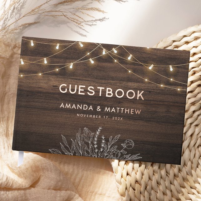 Rustikales Holz-String-Licht Hochzeitsgolden Gästebuch (Rustic Wood String Lights Wedding Gold Foil Foil Guest Book)