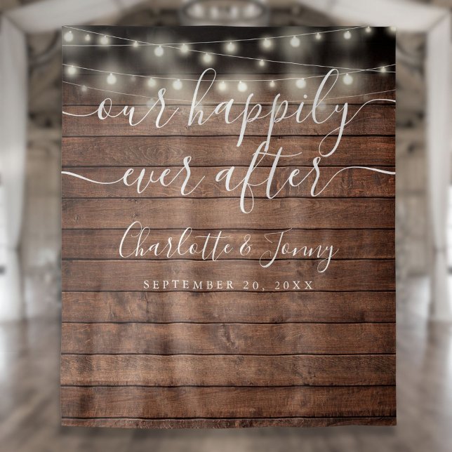Rustikales Holz-String-Licht Hochzeitslicht Foto H Wandteppich (Rustic Wood String Lights Wedding Photo Backdrop)