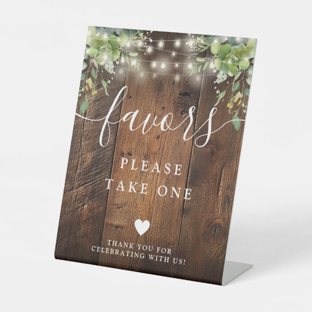 Rustikales Holz String Lights Greenerie Boho Favor Sockelschild (Vorderseite)