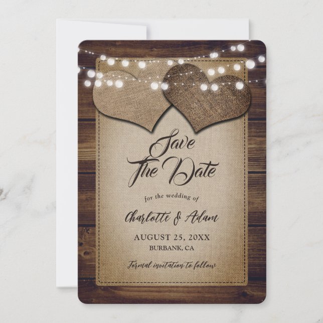 Rustikales Holz-String Lights Herz Hessian Wedding Save The Date (Vorderseite)