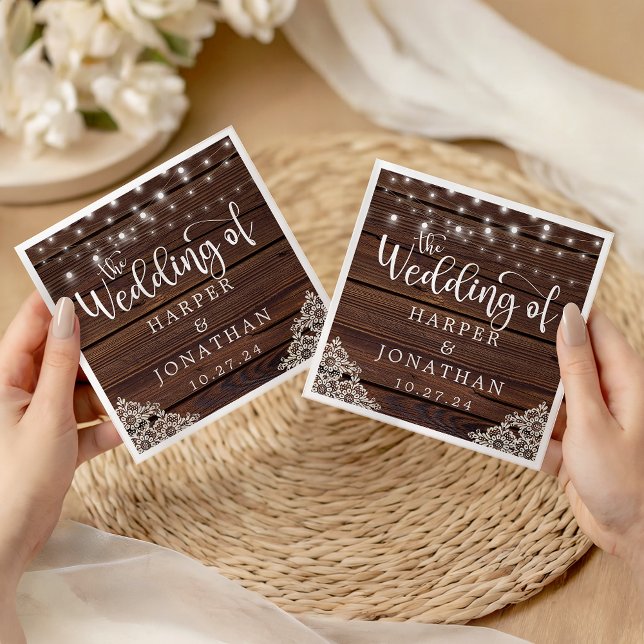 Rustikales Holz-String-Lights Hochzeit Napkins Serviette (Rustic Wood String Lights Lace Wedding Napkins)