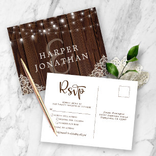Rustikales Holz-String-Lights Hochzeit RSVP Postkarte