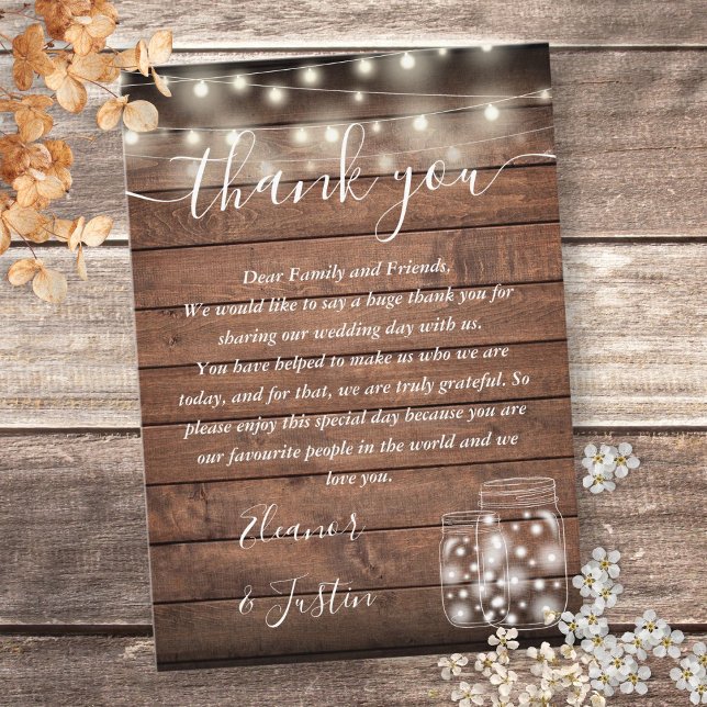 Rustikales Holz String Lights Hochzeit Vielen Dank Platzkarte (Rustic Wood String Lights Wedding Thank You Place Card)
