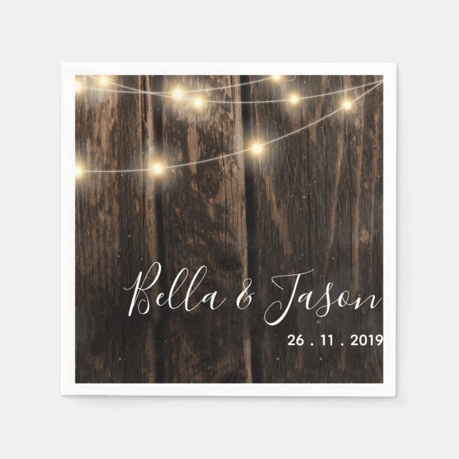 Rustikales Holz String Lights Hochzeitspapier Napk Serviette (Vorderseite)