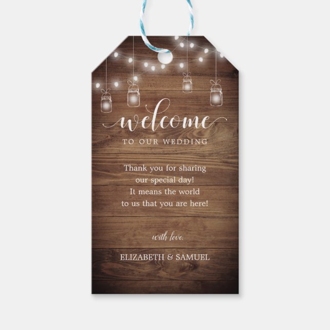 Rustikales Holz String Lights Hochzeitsskript Begr Geschenkanhänger (Vorderseite)