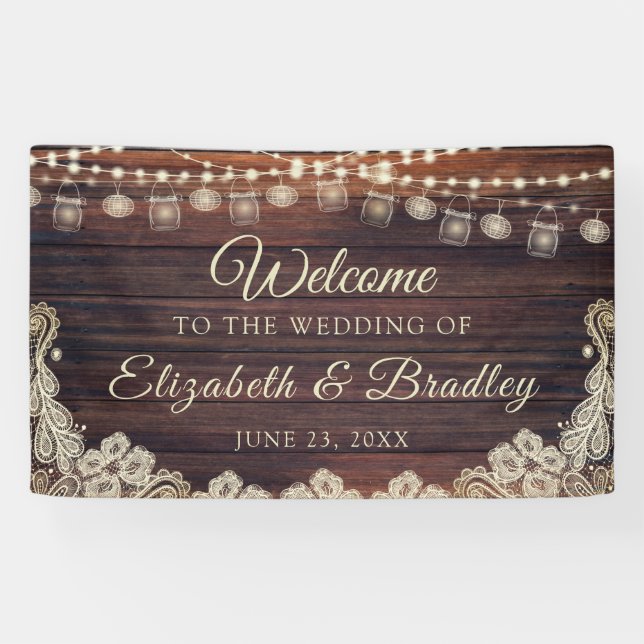 Rustikales Holz String Lights Jars Ivory Lace Wedd Banner (Horizontal)